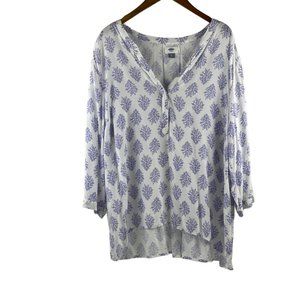 Old Navy Womens Blouse Tunic Top 3/4 Sleeve White Blue Floral Size XL